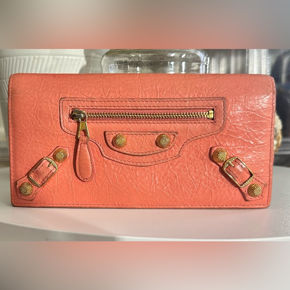 Balenciaga Coral Leather Long Wallet with Gold Hardware